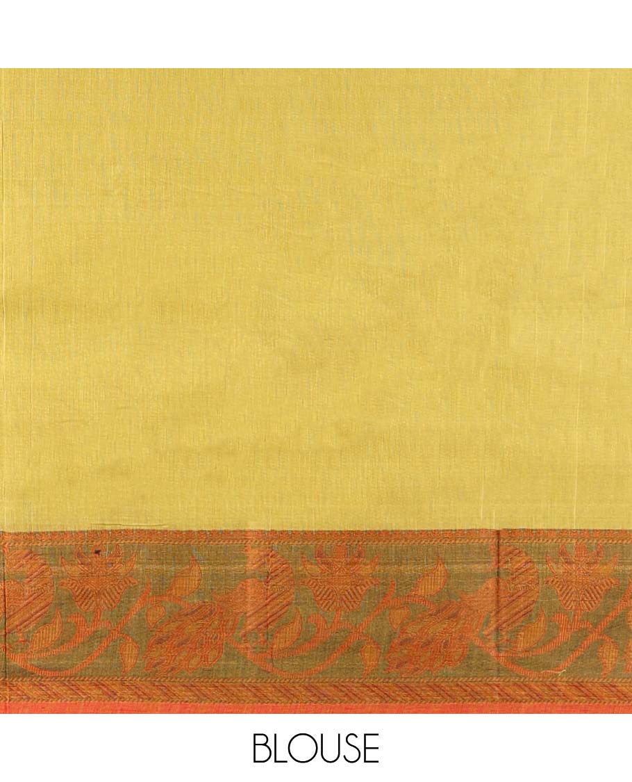 Yellow plain design Narayanapet cotton saree, contrast ganga jamuna leaf creeper border & striped pallu