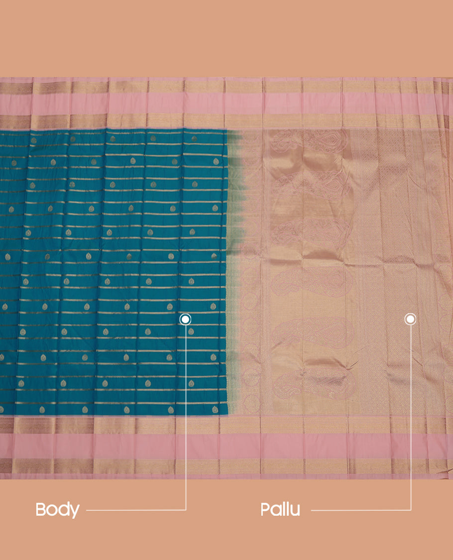 Blue Budget Silk Saree, Bedecked with Zari Buttas and Stripes, a Contrast Traditional Zari Rettai Pettu Border, Grand Pallu, and a Contrast Blouse