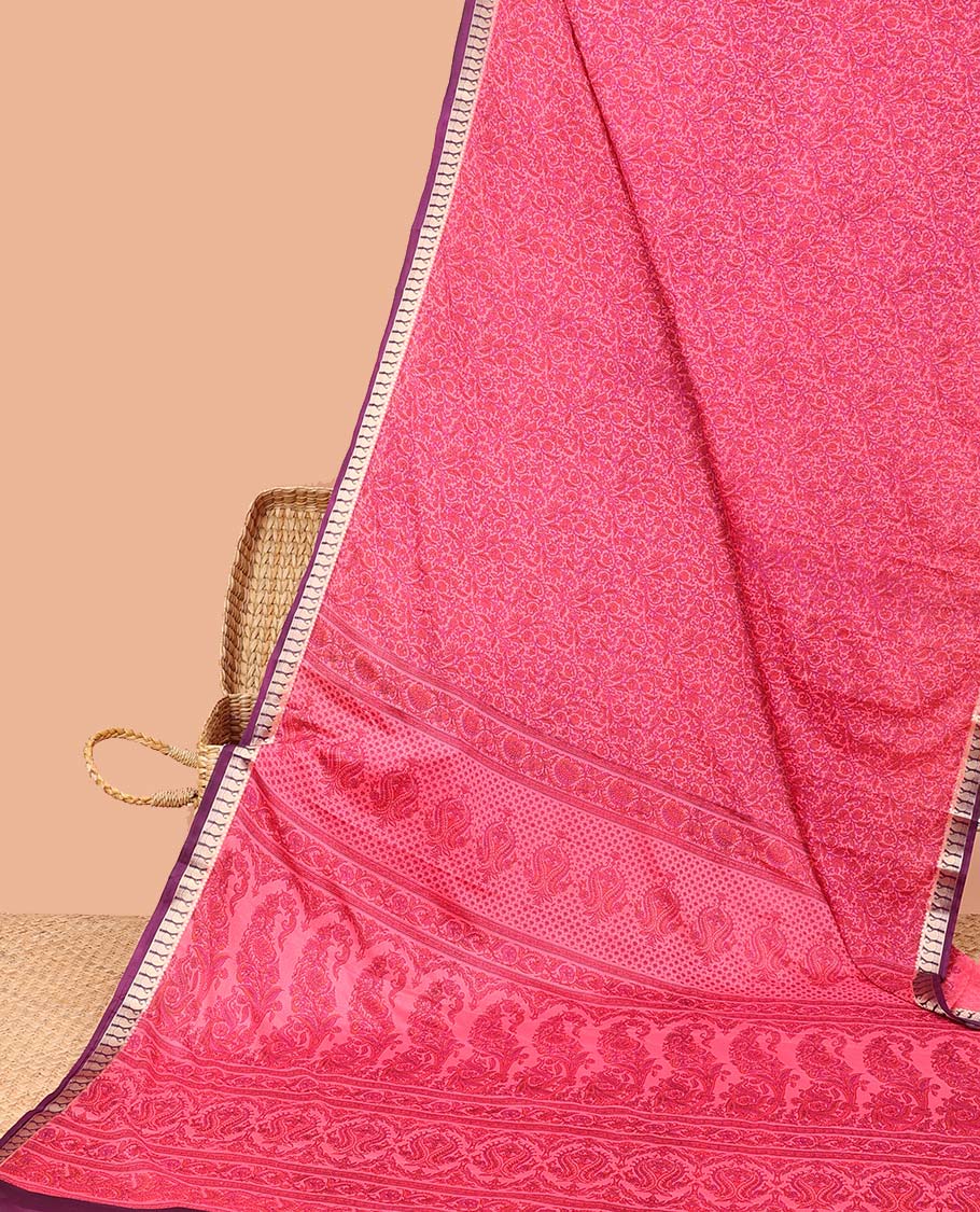 Pink floral printed semi-banaras printed saree, paisley motifs border & intricate paisley motifs border