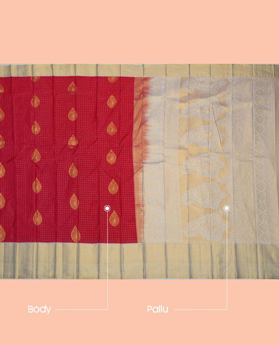 Red Budget Silk Saree, Adorned with Zari Buttas and Checks, a Contrast Traditional Zari Border, Grand Pallu, and a Contrast Blouse