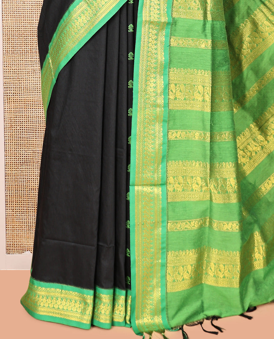 Black Kalyani Cotton Saree, Enthralled with Thread Buttas, a Contrast Traditional Zari Border, Grand Pallu, and a Contrast Blouse