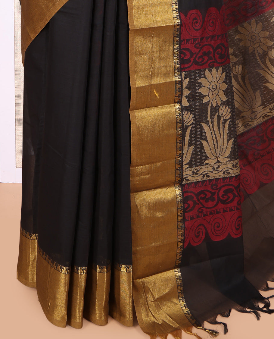 Black Plain Kanchi Cotton Saree