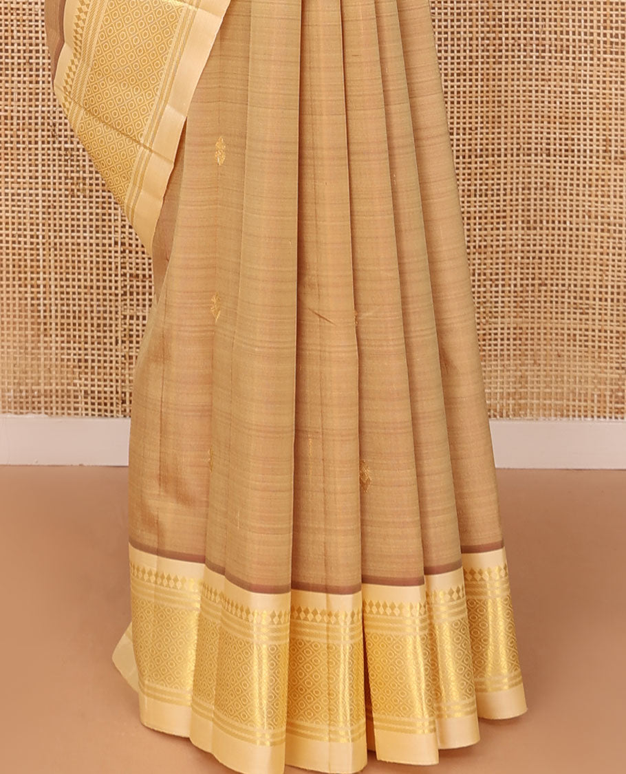 Light brown zari buttas Kanchipuram silk saree, contrast one-sided border of panner sombu,banaras & jaal & zari design pallu