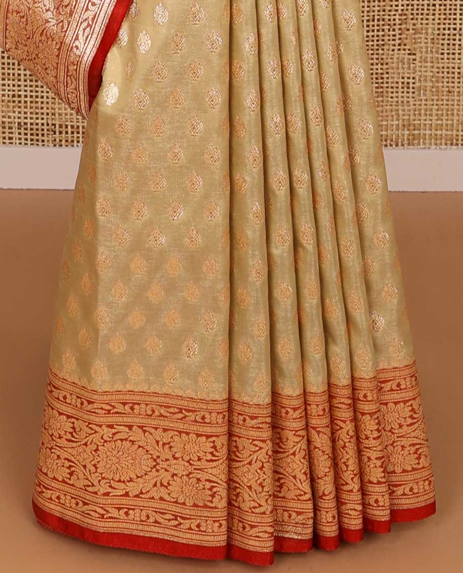 Mint green leaf buttas semi banaras nylon saree with self intricate zari design border & floral jaal design pallu