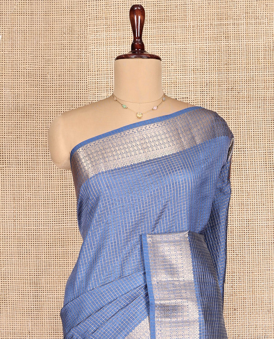 Blue Dupion Silk Saree, Elevated with Zari Micro-Checks, Highlighted by a Traditional Zari Design Border, Zari Striped Pallu, and a Matching Blouse