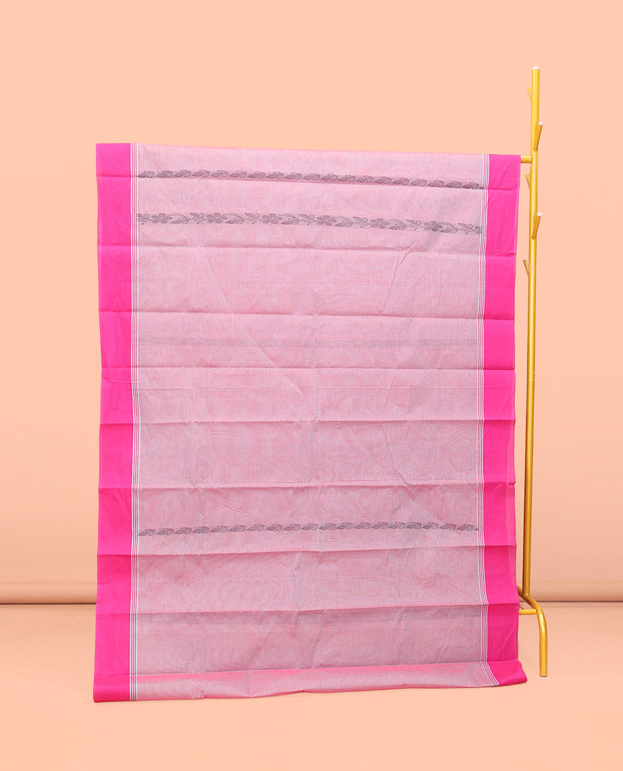 Pale Pink Kanchi Cotton Saree, Adorned with Floral Creeper Design All Over Its Body, a Complemented by Contrast Border, Pallu of Paisley Designs, and Paired with a Matching Blouse