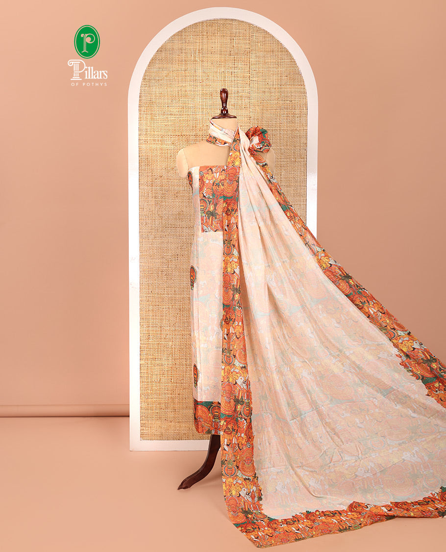 Cream Semi-Silk Material Chudidar, Kathakali Motifs Printed Top, Santoon Bottom, and Printed Dupatta