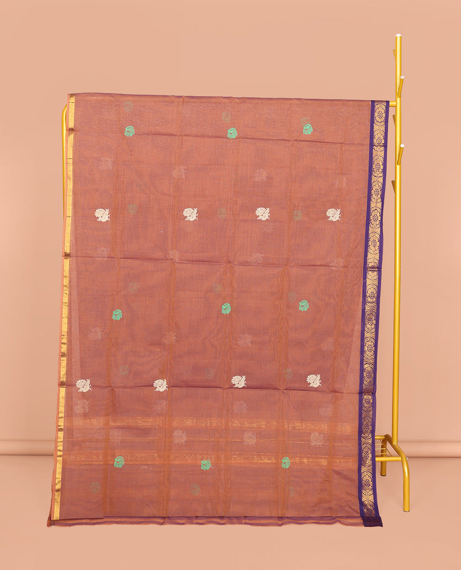 Peach Venkatagiri Cotton Saree, Woven with Buttas, a Contrast Floral Zari Border, Pallu of Buttas and Stripes, and No Blouse