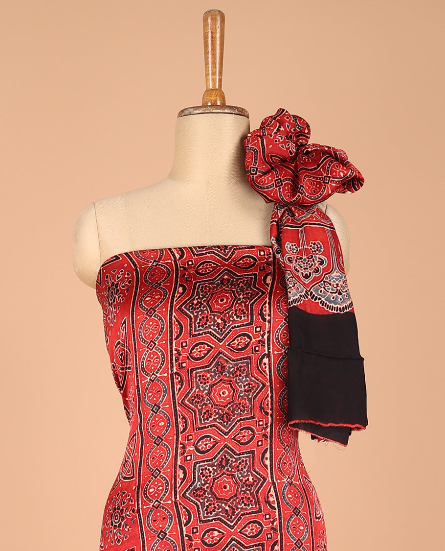 Maroon chudidhar material set pure modal hand block ajrack print top with plain pant & hand block print dupatta