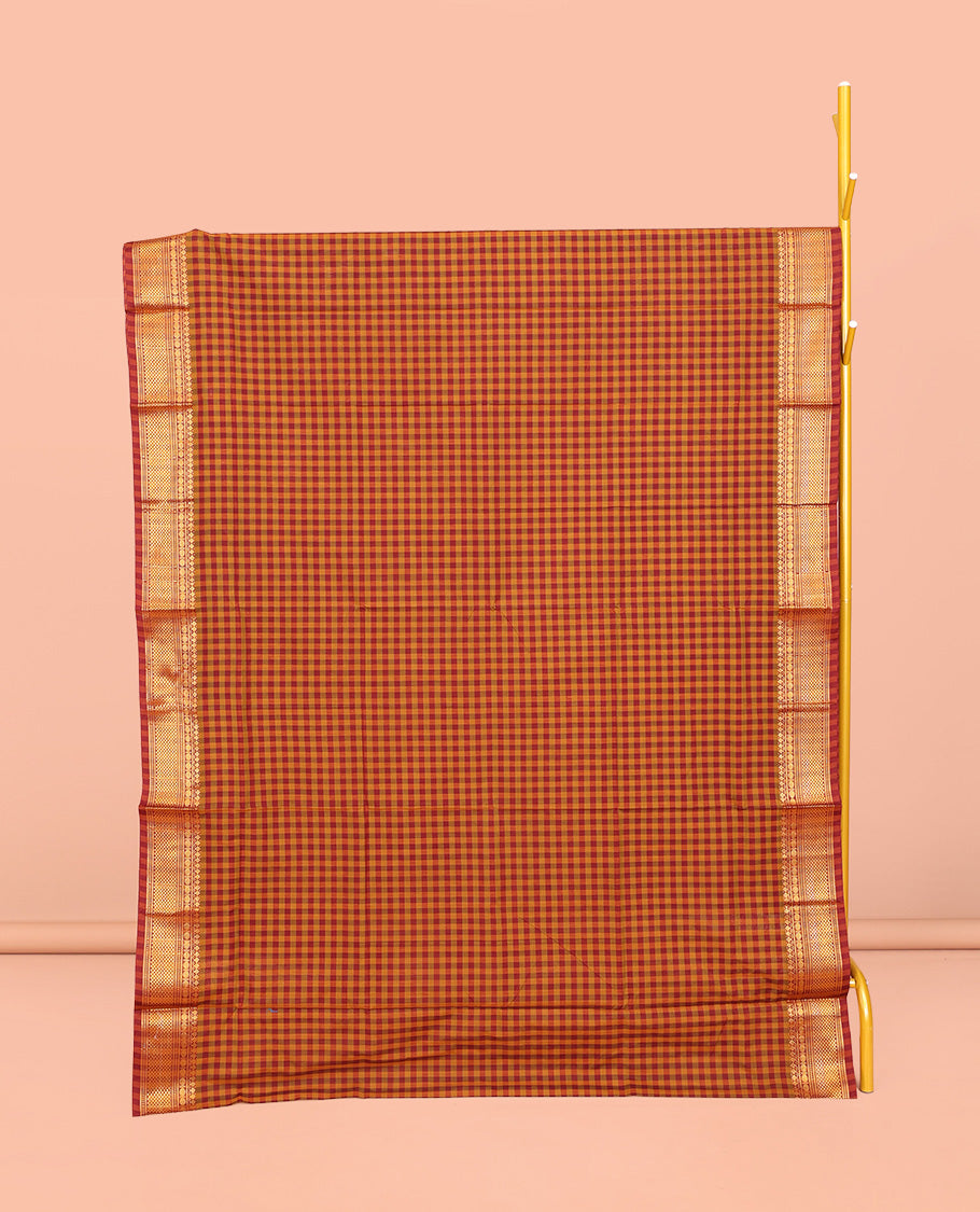 Orange-Red Chettinad Cotton Saree, Gleamed Up with Micro-Checks, Highlighted by Traditional Zari Border, Striped Pallu, and No Blouse
