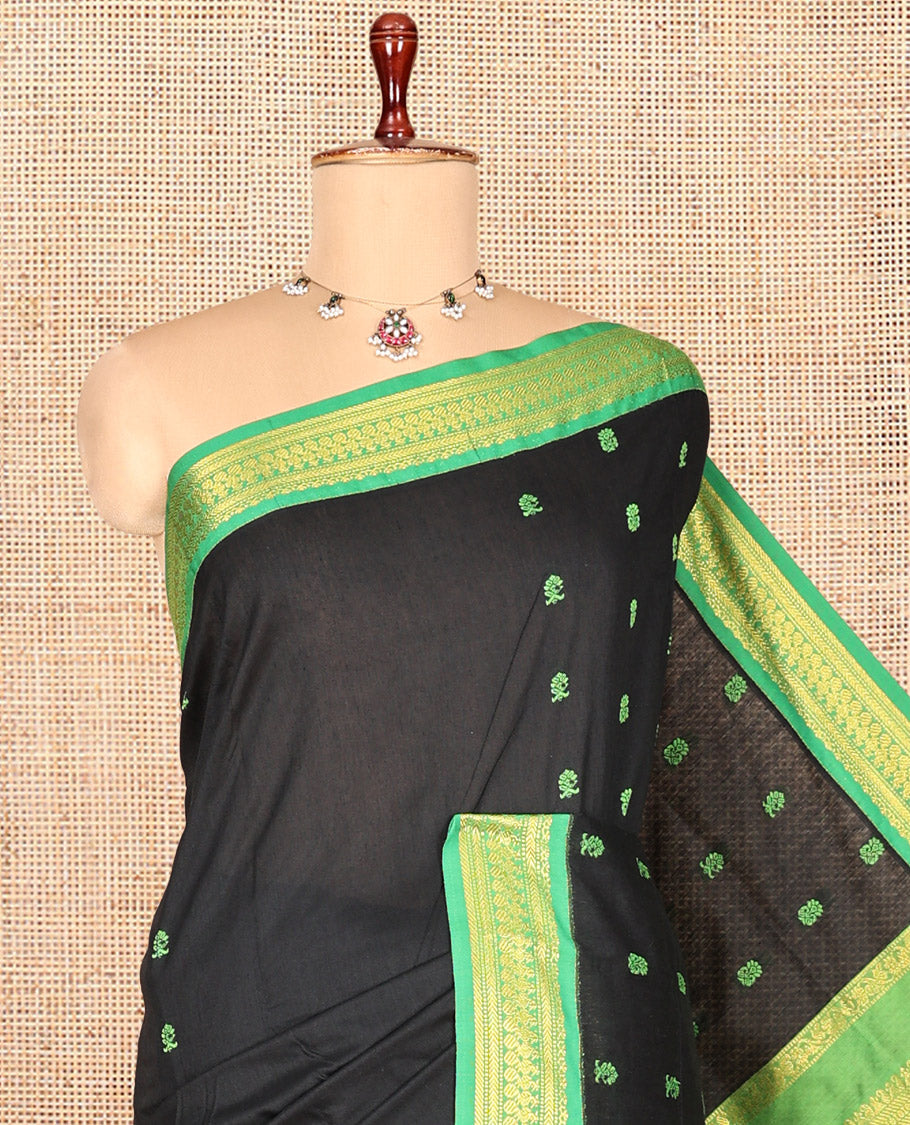 Black Kalyani Cotton Saree, Enthralled with Thread Buttas, a Contrast Traditional Zari Border, Grand Pallu, and a Contrast Blouse