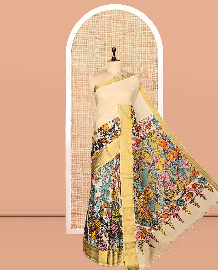 Cream Kalamkari Silk Saree, Beautifully Bedecked with Ancient Human Figurines, a Contrast Traditional Border, Pallu of Ancient Human Motifs, and a Contrast Blouse