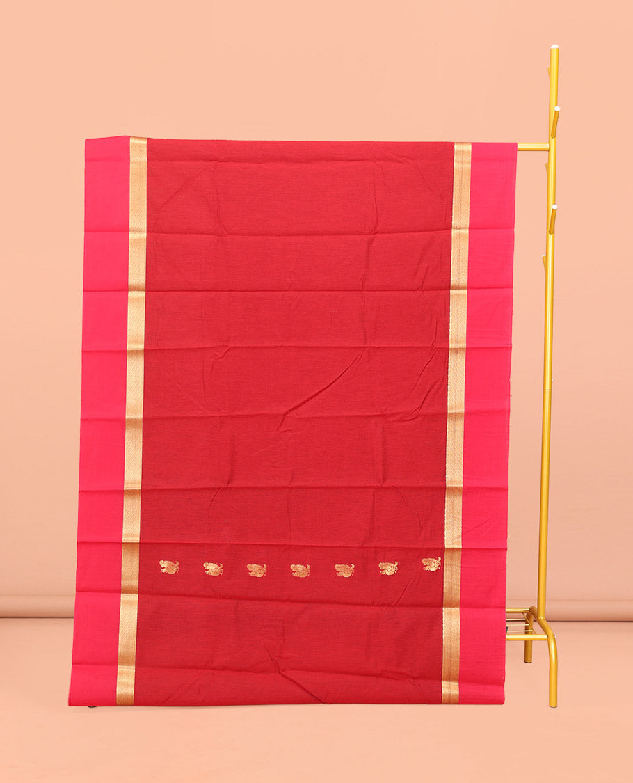 Red Semi-Silk Cotton Saree, Graced with Peacock Buttas All Over Its Body, Complemented by a Contrast Border of Peacock Designs, Pallu Steeped with Peacock Zari Design, and Paired with a Contrast Blouse