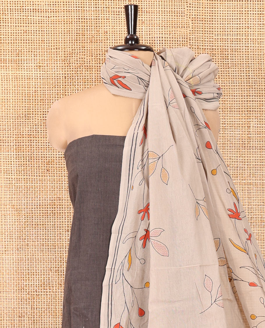 Dark Grey Handloom Cotton Material Chudidar Set, Accentuated with Floral Design Print On Its Top, Complemented by Contrast Bottom, and Paired with a Contrast Floral Printed Dupatta