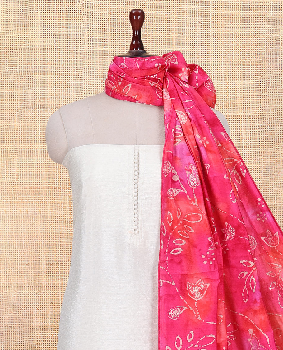 Cream-Ranipink Kerala Cream Mul Chanderi Material Churidar Features Pom-Pom Neckline Top, a Contrast Batik Floral Printed Bottom, and Dupatta