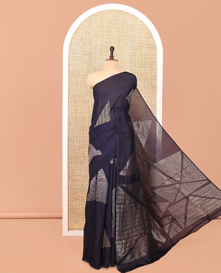 Borderless Navy Blue Chanderi Cotton Saree, Richly Detailed with Zari Triangle Motifs Steeped All Over Its Body, Highlighted by Grand Zari Rich Pallu, and Paired with a Matching Brocade Blouse