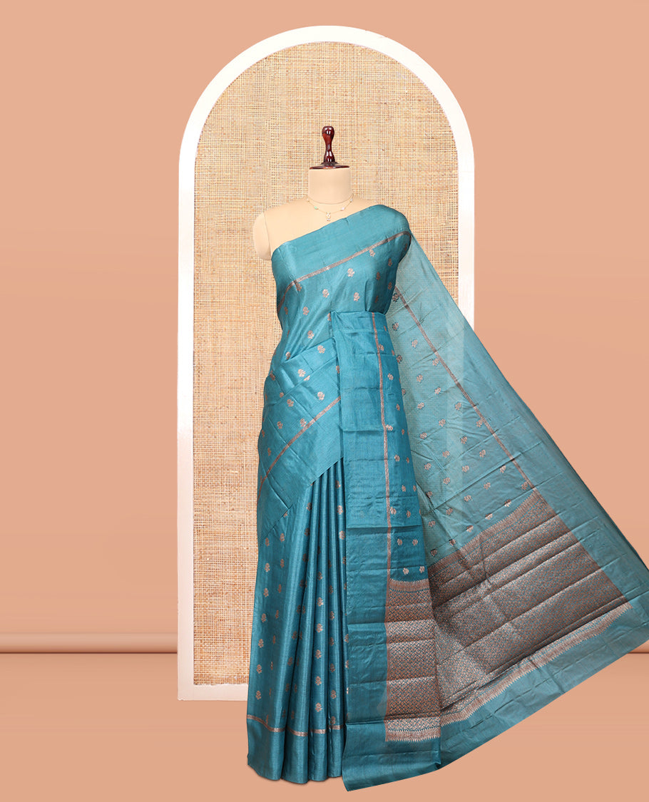 Blue Tussar Silk Saree, Decked Up with Zari Buttas, a Self-Border, Intricate Design Pallu, and a Matching Blouse