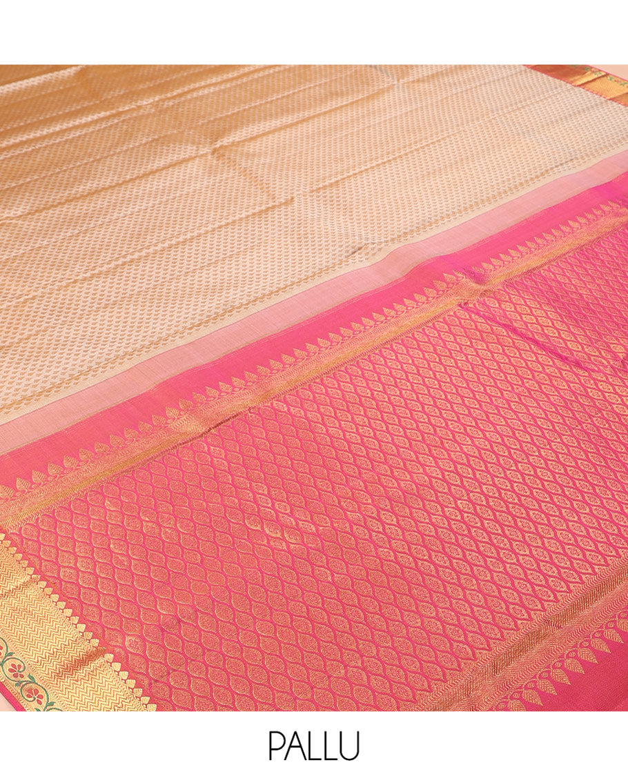 Sandal Embossed Parampara Silk Saree, a Contrast Border of Thilakam Mokku, Vanki, and Kodi Visiry Designs, Grand Pallu, and a Contrast Blouse