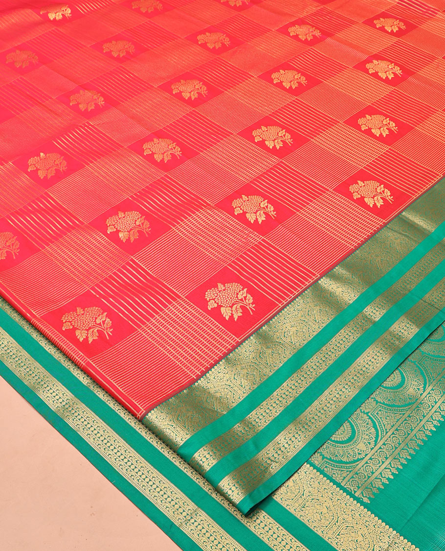 Rani Pink and Green Budget Silk Saree, Richly Detailed with Zari Butta Enclosed Checks On Its Body, Complemented by Contrast Traditional Zari Designs Woven Border, Grand Pallu and Paired with a Contrast Blouse