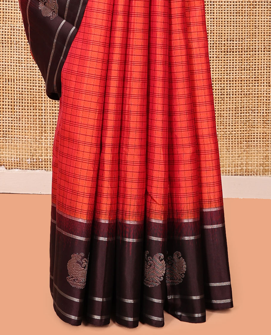 Red Kanchipuram Silk Saree, Elevated with Checks, Complemented By Contrast Zari Border of Mayil Design, Intricate Pallu, and a Contrast Blouse