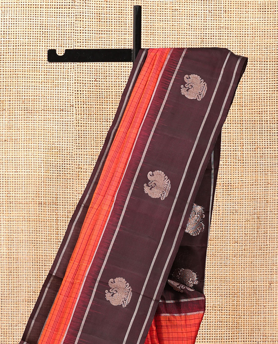 Red Kanchipuram Silk Saree, Elevated with Checks, Complemented By Contrast Zari Border of Mayil Design, Intricate Pallu, and a Contrast Blouse