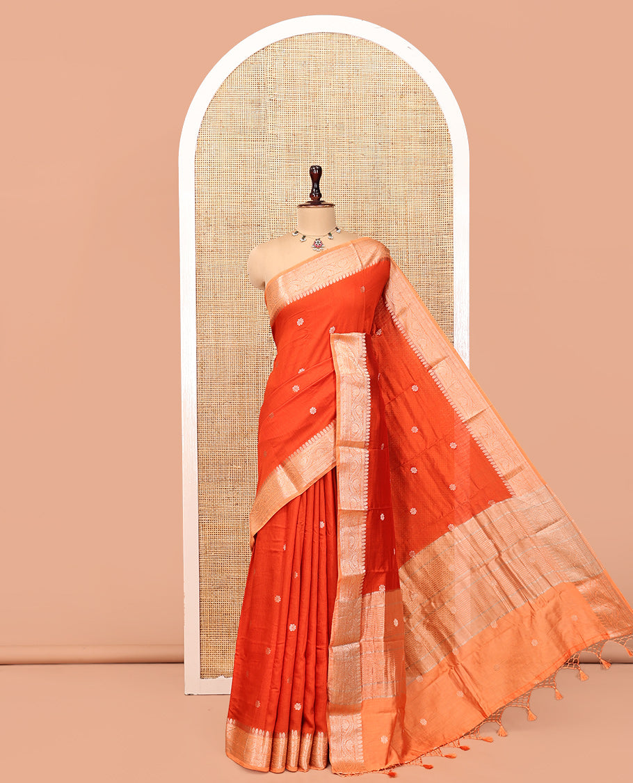 Orange Assam Silk Saree, Accentuated with Zari Buttas, Complemented by Contrast Traditional Zari Border, Striped Pallu, and Contrast Blouse