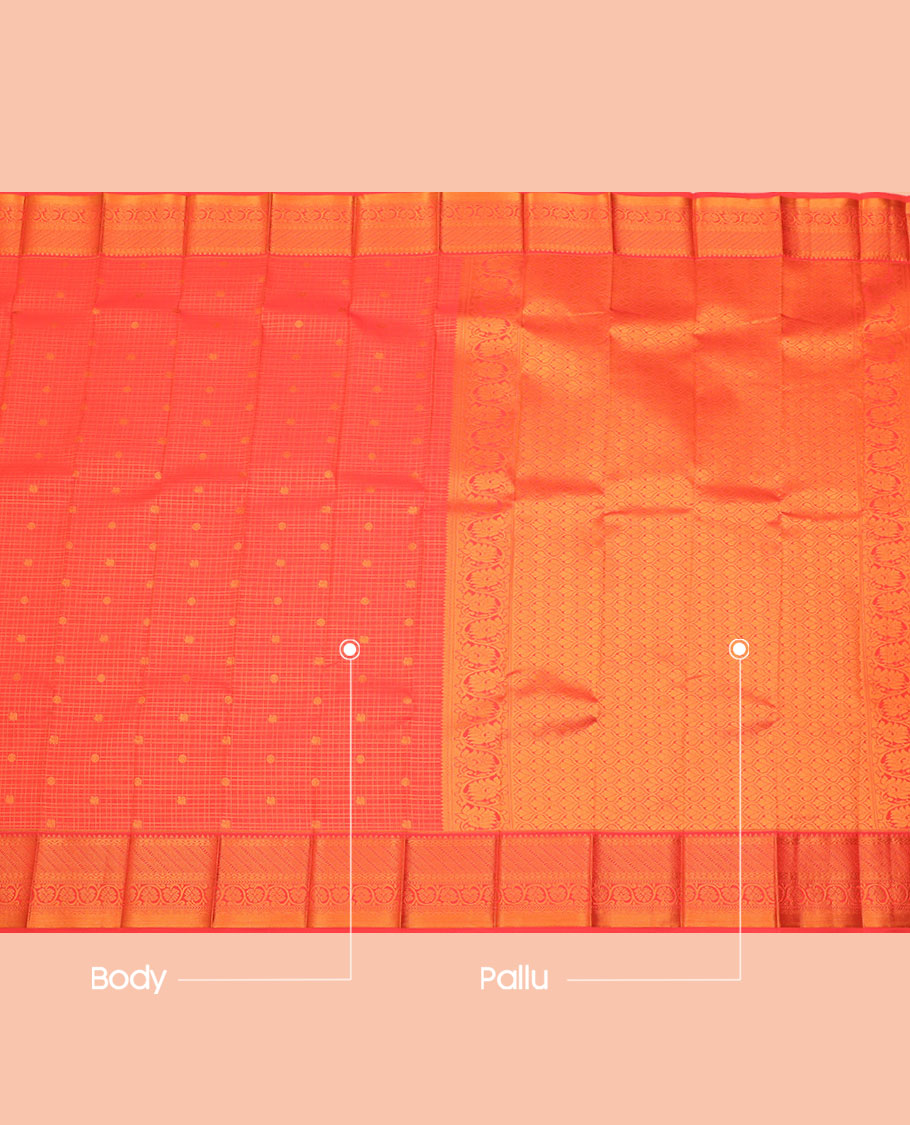 Orange Budget Silk Saree, Adorned with Zari Buttas and Checks All Over Its Body, Highlighted by a Traditional Zari Design Border, Ogee-Patterned Pallu, and Paired with a Matching Blouse