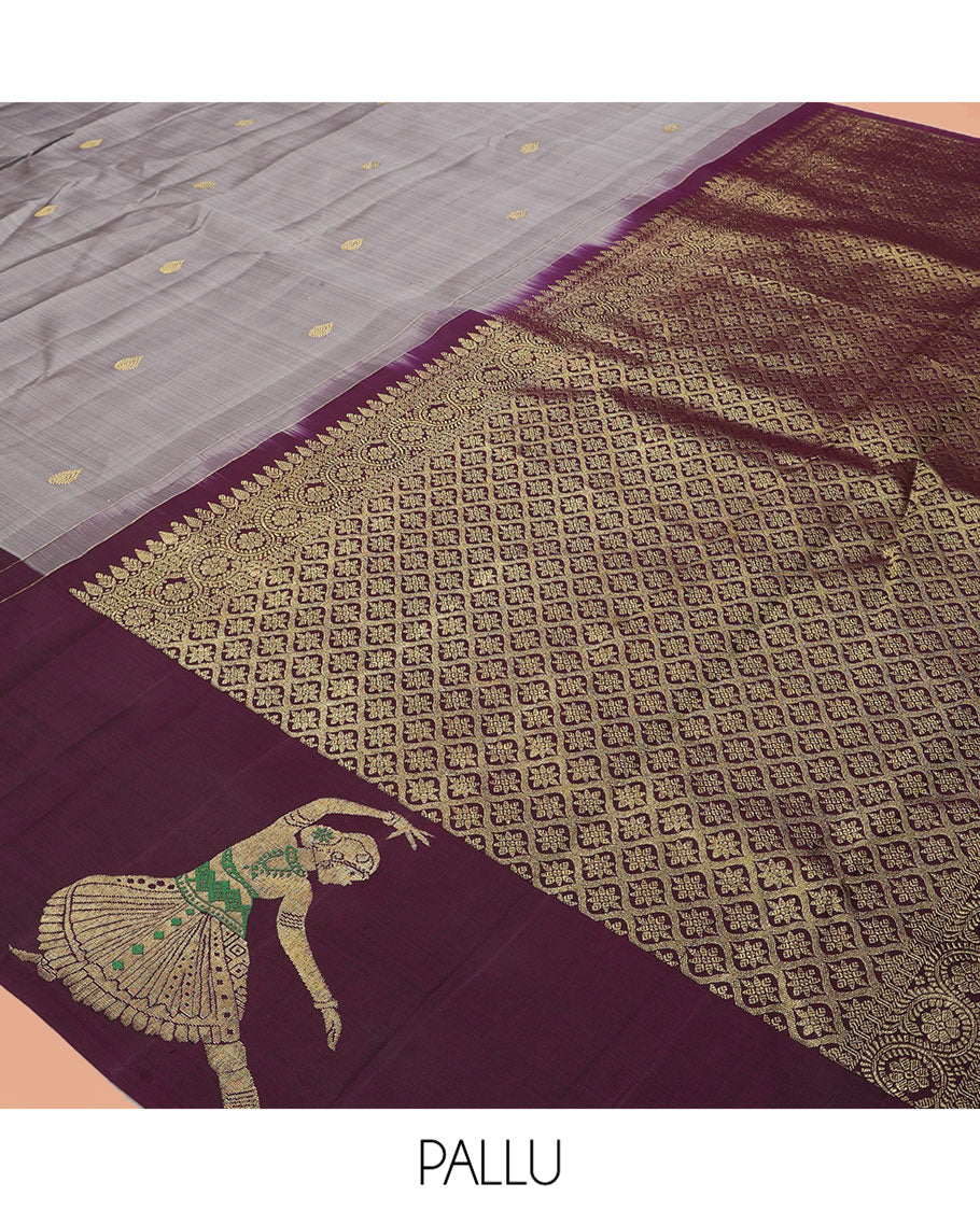 Grey Kanchipuram Silk Saree, Adorned with Zari Buttas, Complemented by a Contrast Bharatanatyam Dancer Figurines Woven Border, Jaal Pallu, and Contrast Blouse