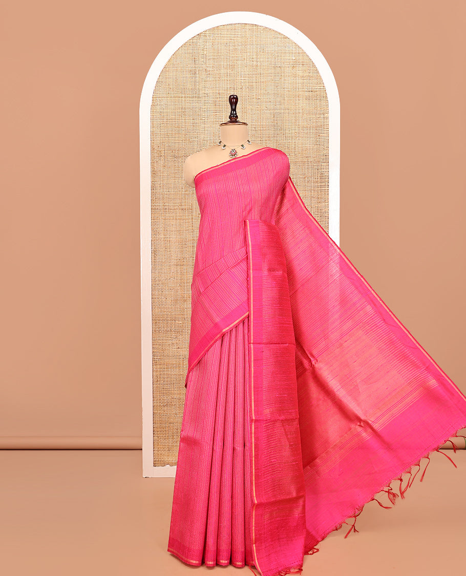 Rani Pink Dupion Silk Saree, Steeped in the Richness of Zari Stripes and Buttas, a Zari Piping Border, Temple Design Palllu