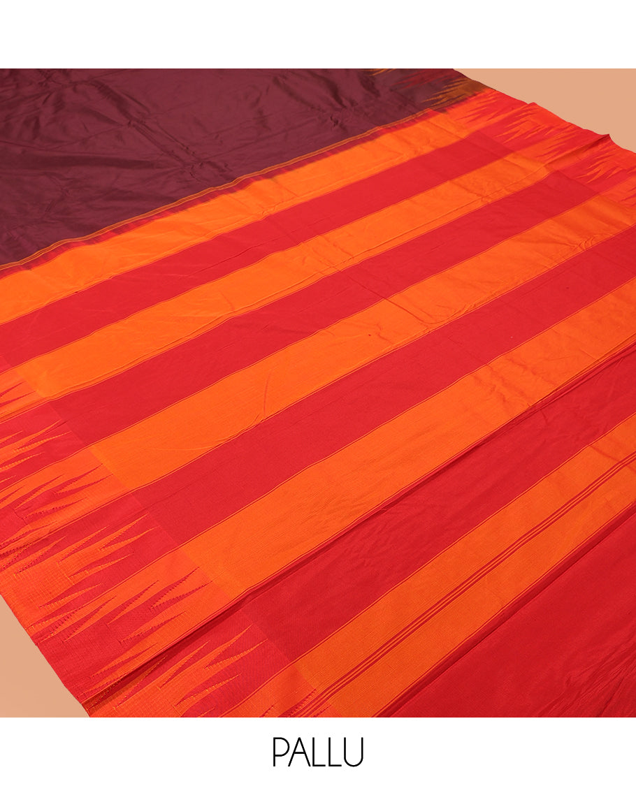 Maroon Plain Bangalore Silk Saree, Complemented by a Contrast Temple Border, Striped Pallu, and a Contrast Blouse