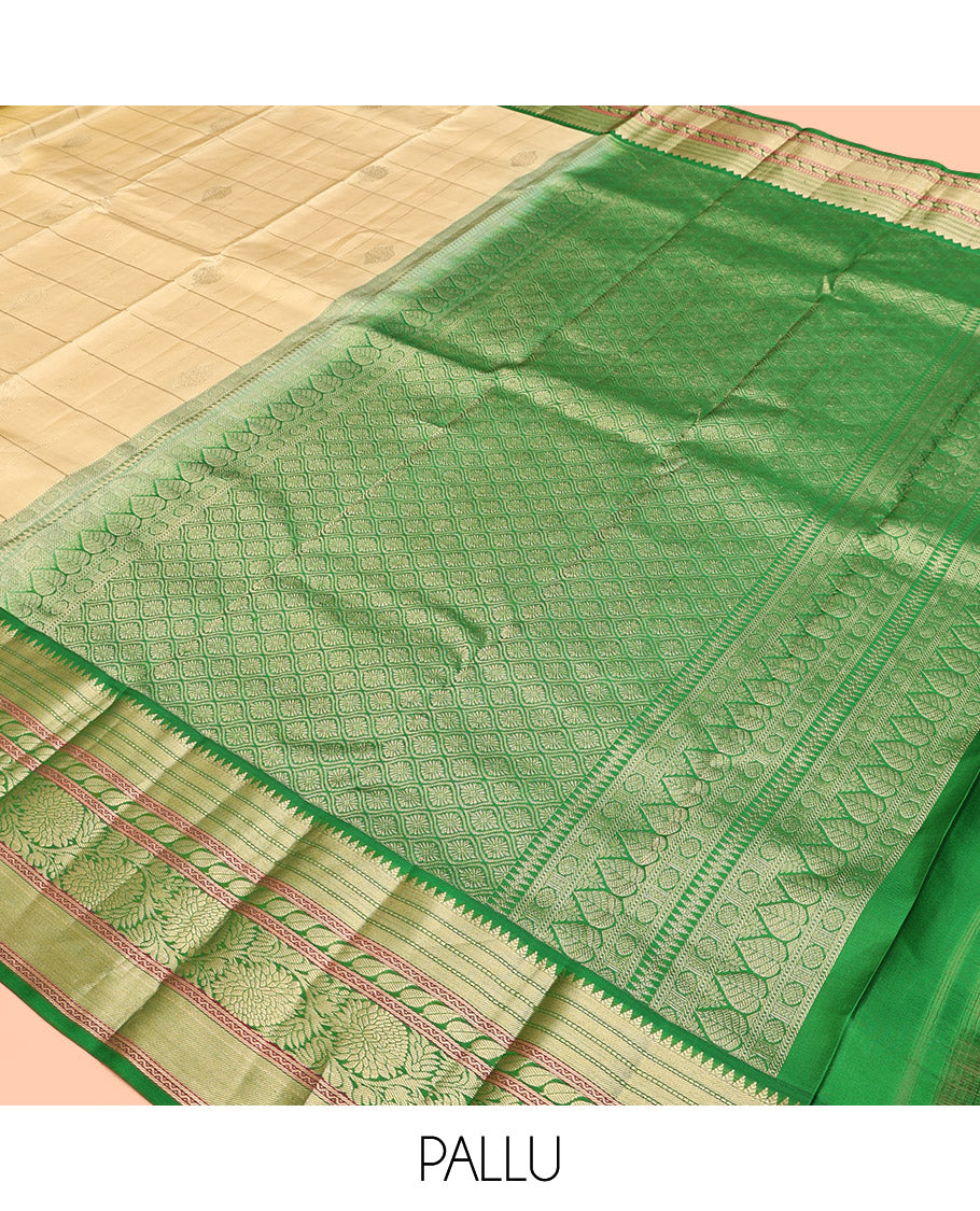 Sandal Kanchipuram Silk Saree, Sparsely Woven with Zari Buttas and Stripes, Contrast Border of Rekku, Muthu, Neli, and Kodi Visiry Designs, Pallu of Jaal Design, and a Contrast Blouse