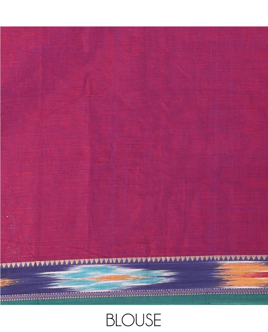 Violet Plain Mercerised Cotton Saree, a Contrast Ikat Border, an Ikat Weave Pallu, and a Matching Blouse