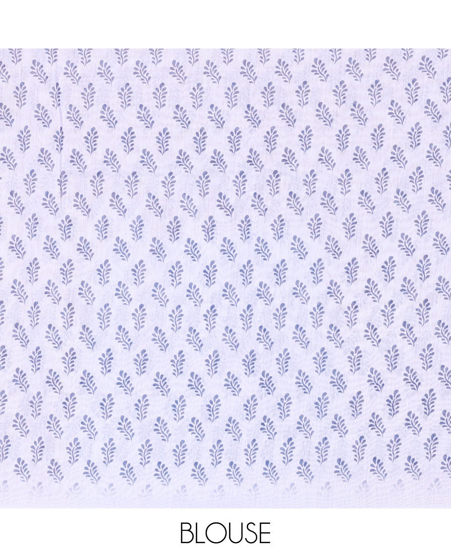 Blue bamboo motifs printed chanderi cotton saree, contrast plain border, bamboo motifs printed pallu, and a contrast unique motifs printed blouse