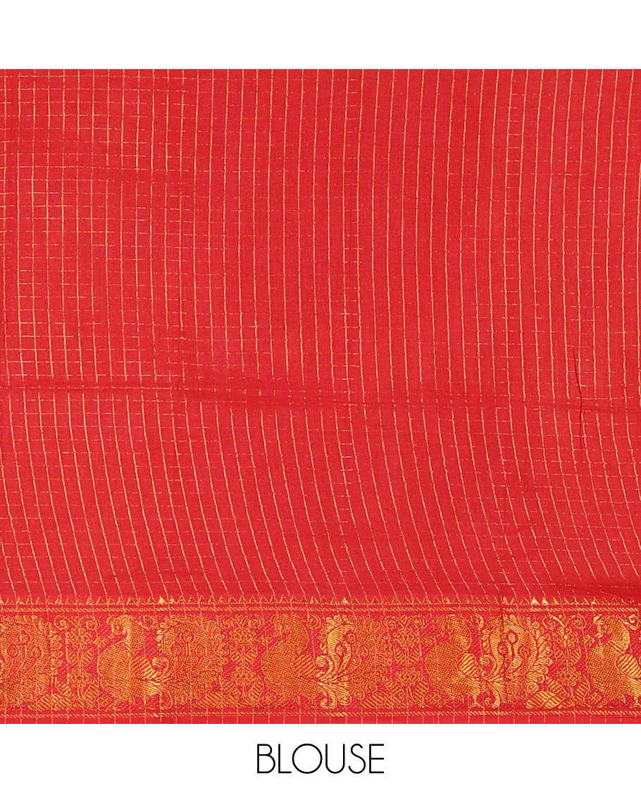 Chikku and Red Sungudi Cotton Saree, Subtly Printed with Peacock Butta, Horse Butta, and Checks on Its Body, Complemented by a Contrast Temple Border of Peacock Designs, Gleaming Zari Striped Pallu, and Paired with a Contrast Blouse