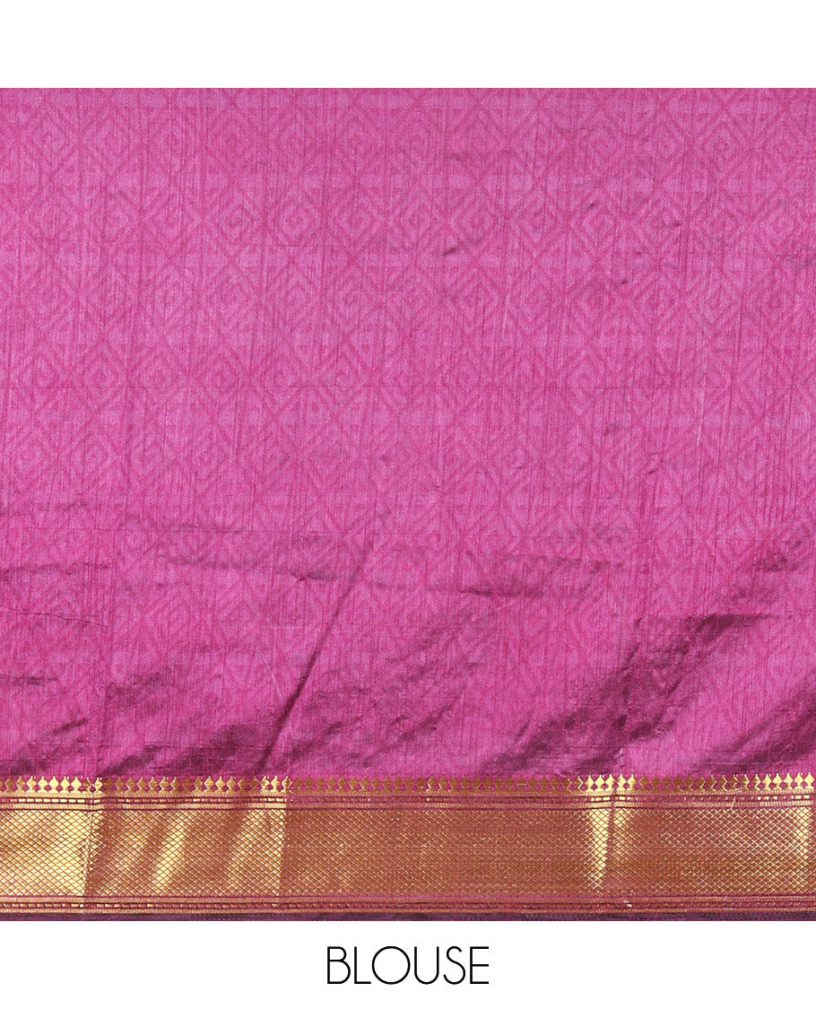 Navy Blue Patola Saree Subtly Sparked with Ikkat Style Polka Dots and Elephant Buttas, Complemented by a Contrast Traditional Zari Design Border, Featuring Pallu Steeped with Elephant Motifs, and Paired with a Contrast Blouse