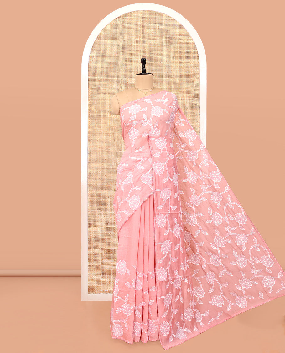 Pink Organza Saree, Adorned with Floral Vine Design, a Lace Border, and a Matching Blouse