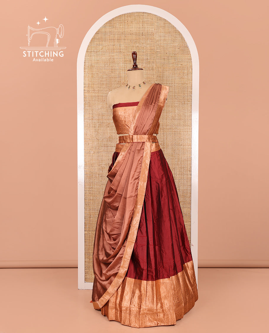Red Semi-Banaras Half-Saree, Plain Contrast Intricate-Bordered Skirt, Matching Blouse, Contrast Dhavani