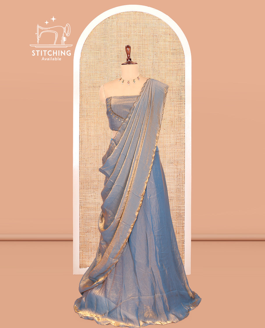 Steel Blue Fendi Organza Half-Saree, Plain Skirt, Matching Embroidered Blouse, Matching Scallop Dhavani
