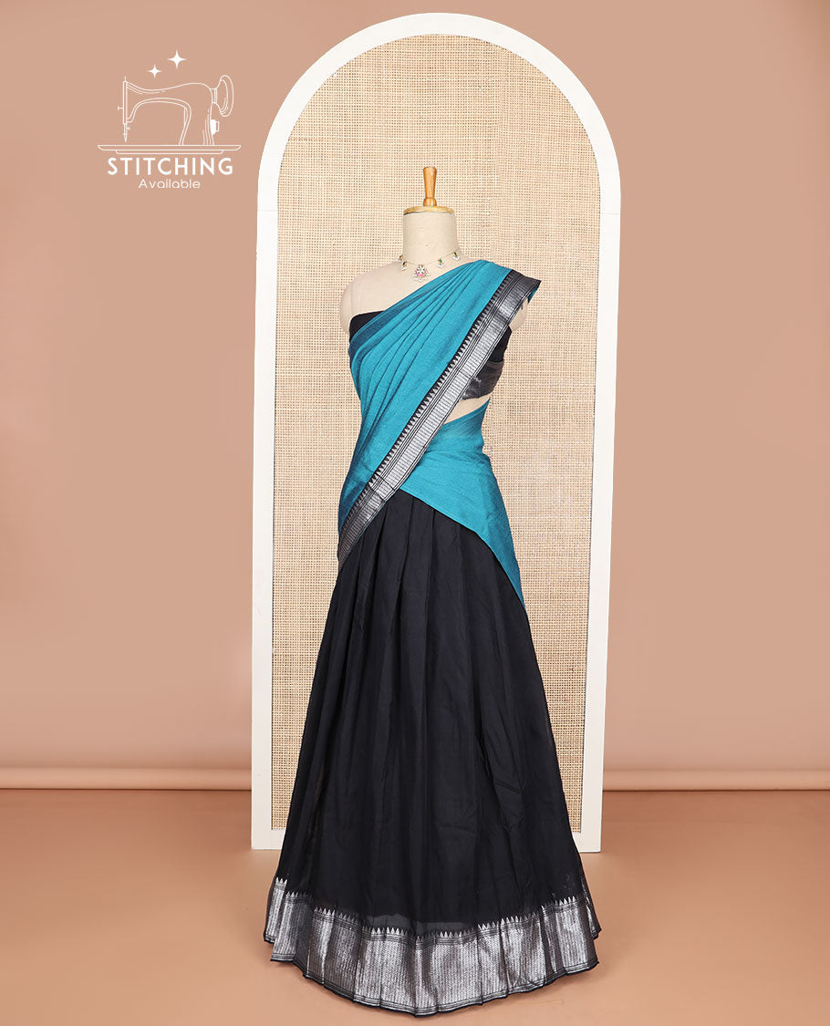 Black cotton half saree with contrast zari design border, zari design blouse & plain, zari design border dhavani