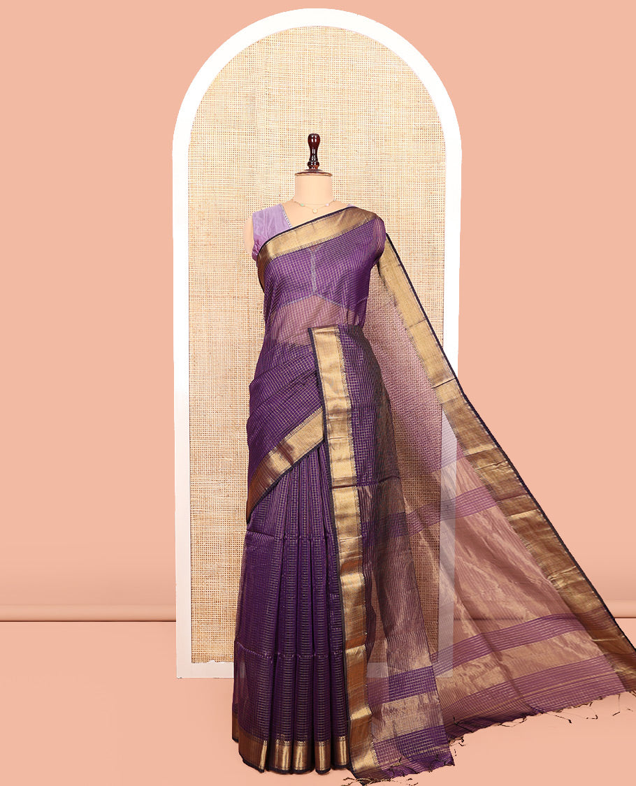 Purple Maheshwari Cotton Saree, Gleamed up with Zari Checked Design On Its Body, Highlighted by Zari Traditional Border, Gleaming Zari Striped Pallu, and Paired with a Matching Blouse