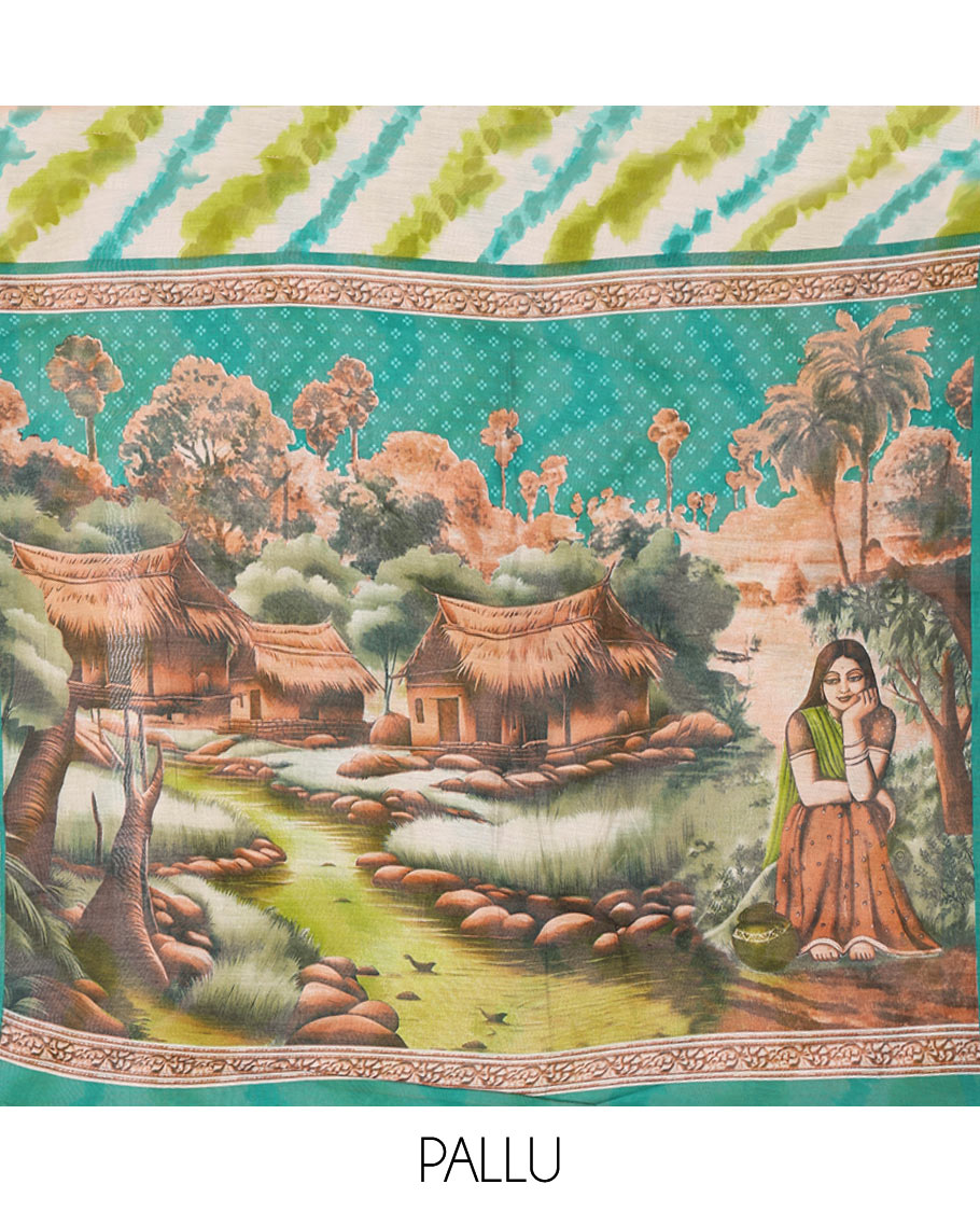 Olive Muslin Cotton Saree Decked Up with Zig-Zag Shibori Patterns Prints, Complemented by a Contrast Border of Deer Motifs in Zari, Pallu Decked Up with Scenery Print, and Paired with a Contrast Polka Dots Printed Blouse