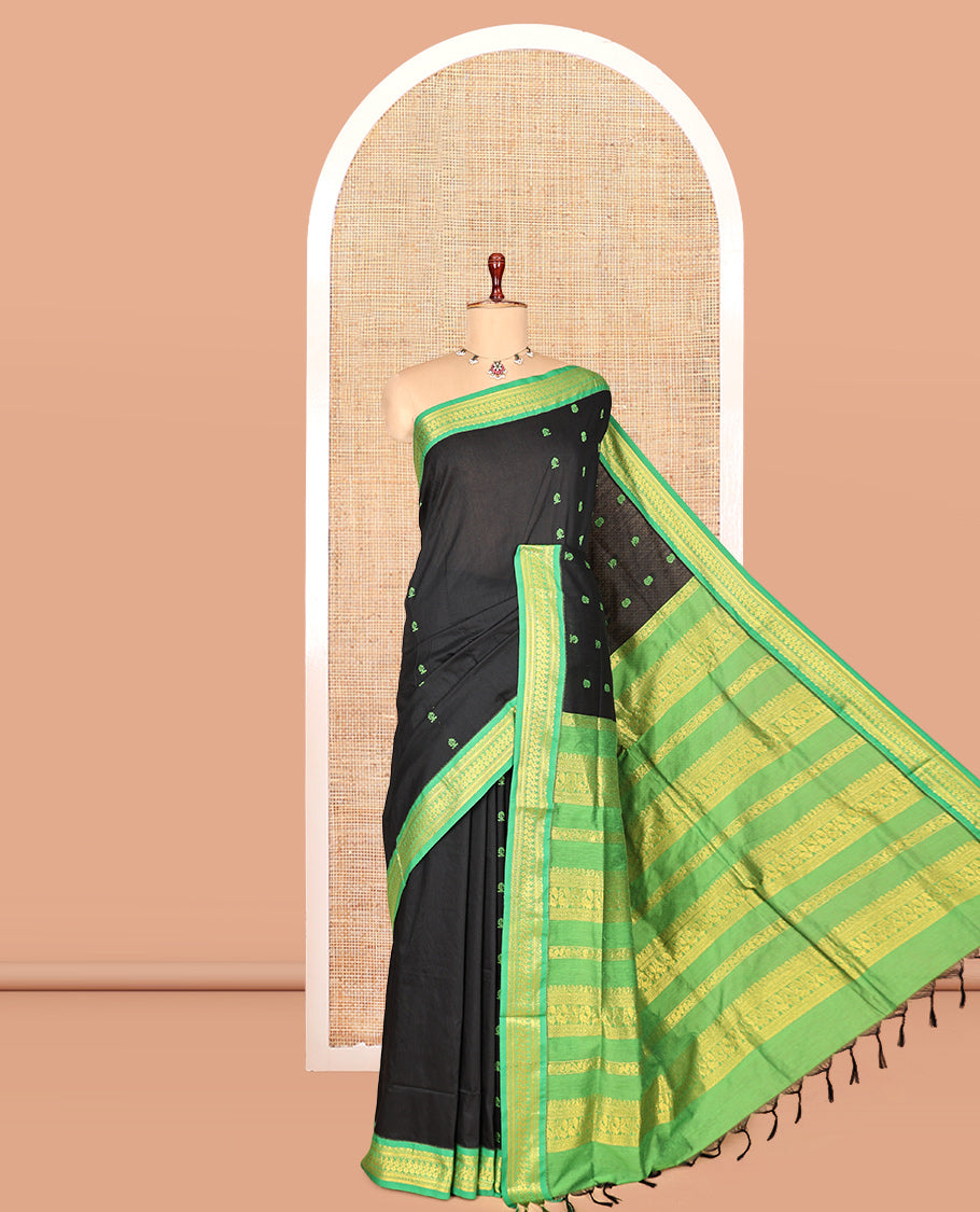 Black Kalyani Cotton Saree, Enthralled with Thread Buttas, a Contrast Traditional Zari Border, Grand Pallu, and a Contrast Blouse