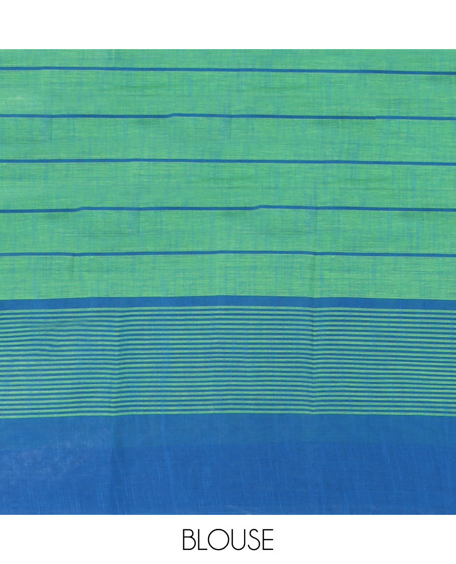 Green Striped Andhra Cotton Saree, Complemented by a Contrast Border, Striped Pallu, and a Matching Blouse