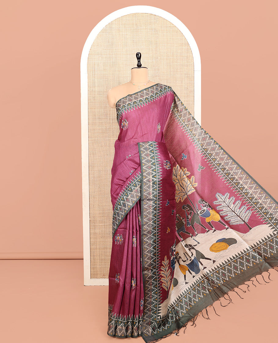 Purple Tussar Silk Saree, Adorned with Warli Motifs, a Contrast Temple Border, Pallu Depicts Warli Motifs, and a Contrast Blouse