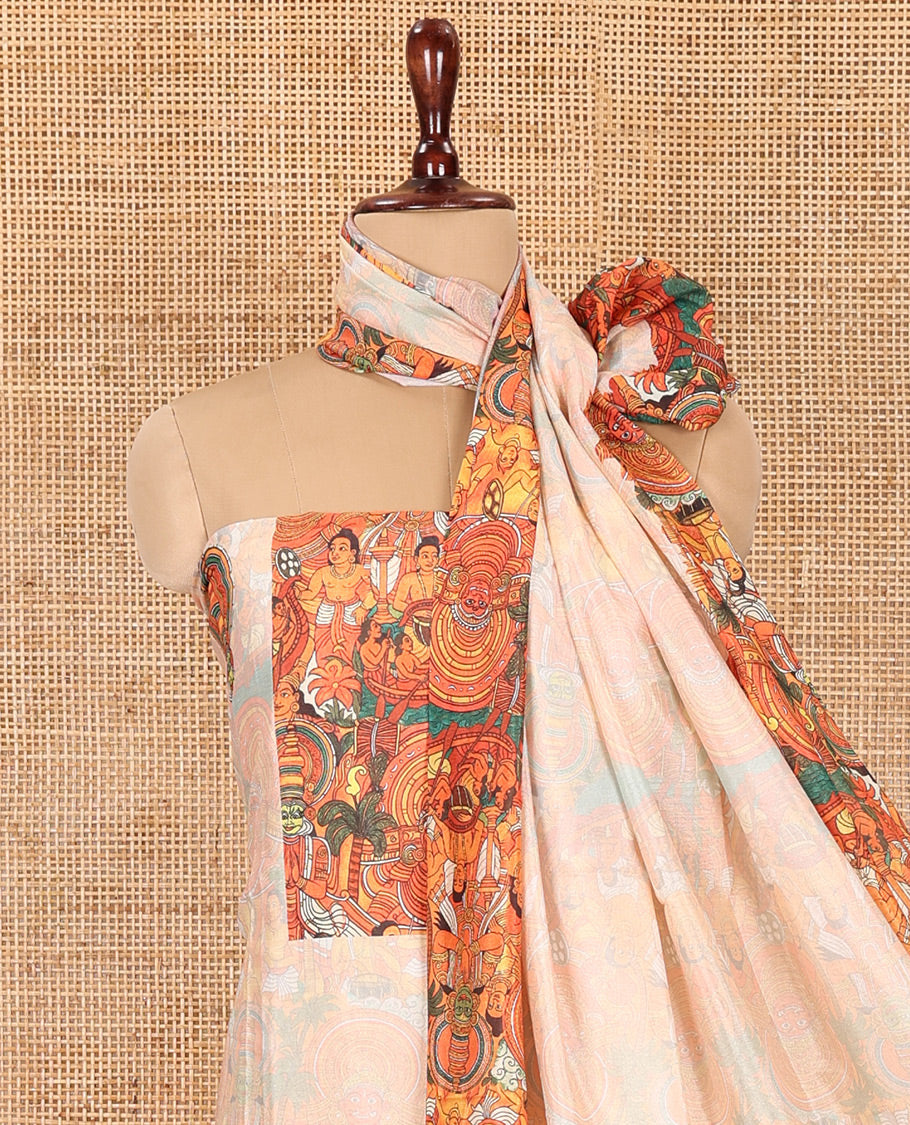 Cream Semi-Silk Material Chudidar, Kathakali Motifs Printed Top, Santoon Bottom, and Printed Dupatta