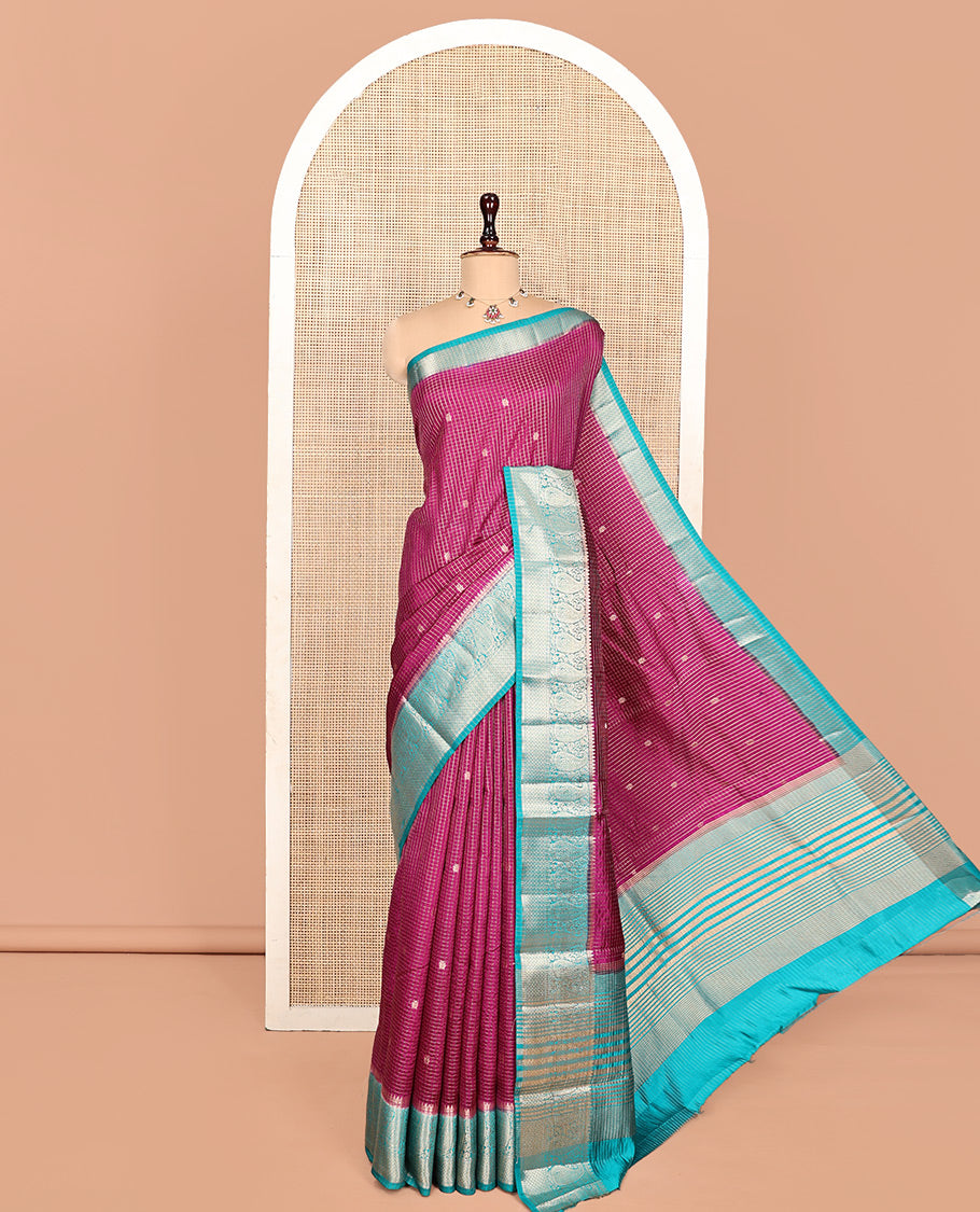 Purple Semi-Banarasi Dupion Saree, Bedecked with Zari Buttas and Checks, a Contrast Paisley Zari Border, Striped Pallu, and a Contrast Blouse
