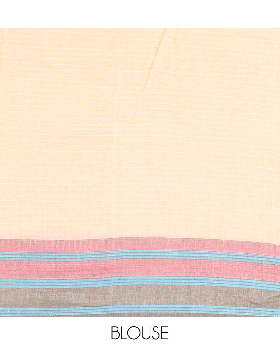 Grey Plain Chettinad Cotton Saree, a Contrast Traditional Thread Border, and a Contrast Blouse