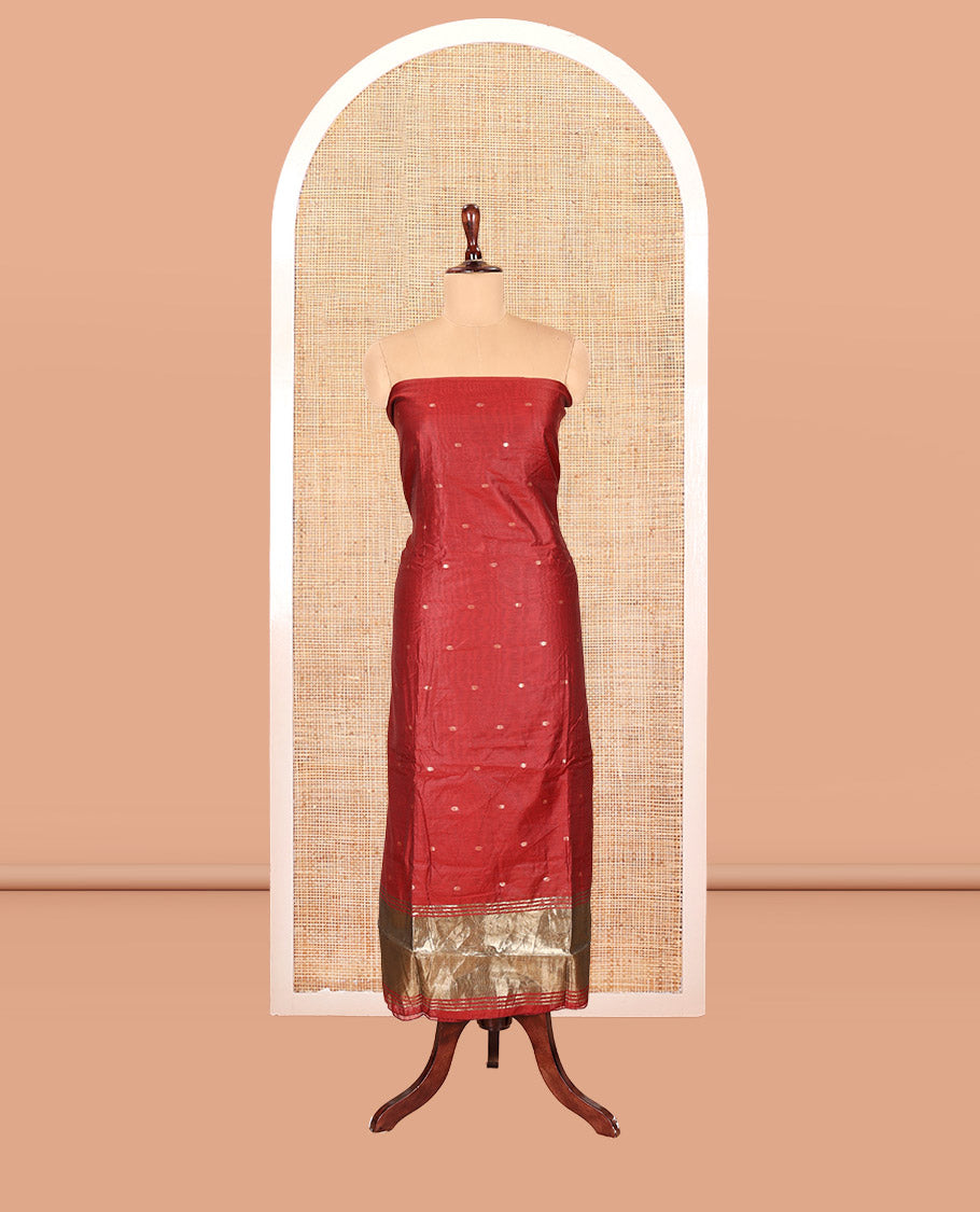Red Banarasi Chanderi Material Churidar Features Zari Buttas Top, a Plain Bottom, and a Matching Dupatta