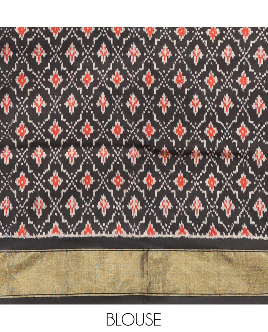 Black Pochampally Ikat Saree, Detailed with Bird Motifs, Zari Border, Triangle Motifs Pallu, and a Matching Blouse