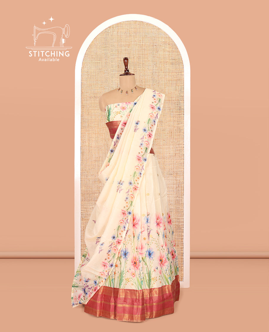 Cream-Rani Pink Semi-Silk Half-Saree Features Floral-Printed Skirt, a Contrast Traditional Border, a Matching Blouse, a Floral Dhavani